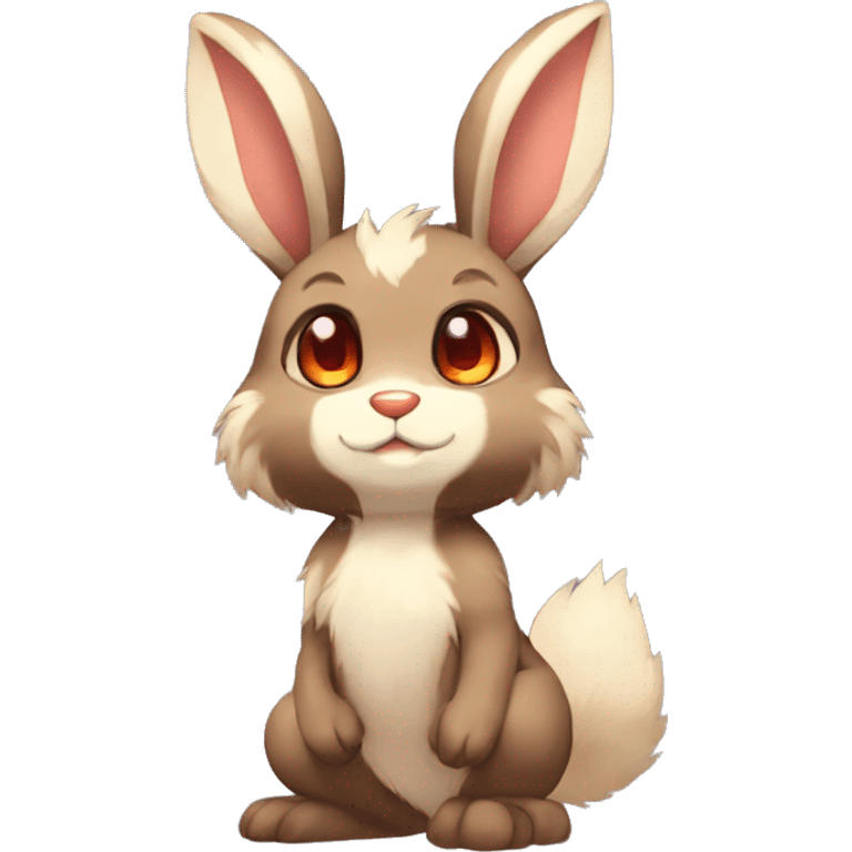 Cute, Chibi, Kemono-style, Anthro, Fur-Sona, Dark-Brown, Normal-type-Ground-type Tan-Rabbit-Fakémon with Dark-Red eyes, beige belly, beige paws, beige feet, beige freckles, full body emoji