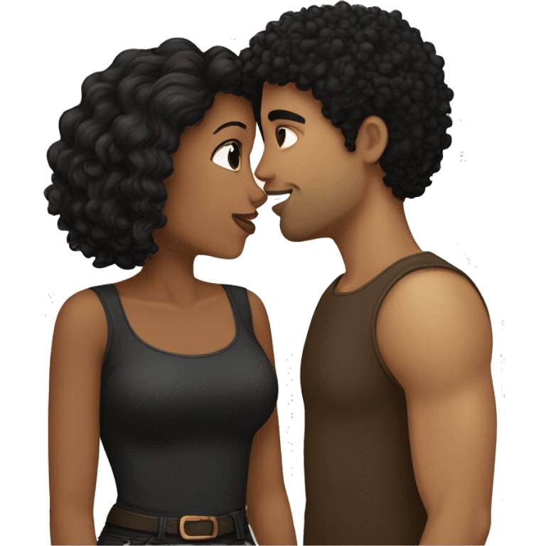 Girl with curly black hair wearing a brown shirt kissing a light skin man with black hair wearing a black shirt emoji