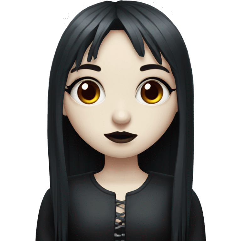 goth girl that has pale white skin and Long Dark Red hair and has fringe bangs emoji