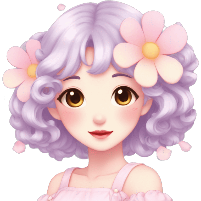 Gorgeous pastel anime style lady with blushing face and flower petals cottagecore fairycore pastelcore shiny colorful pearly petite simplistic aesthetic trending style emoji