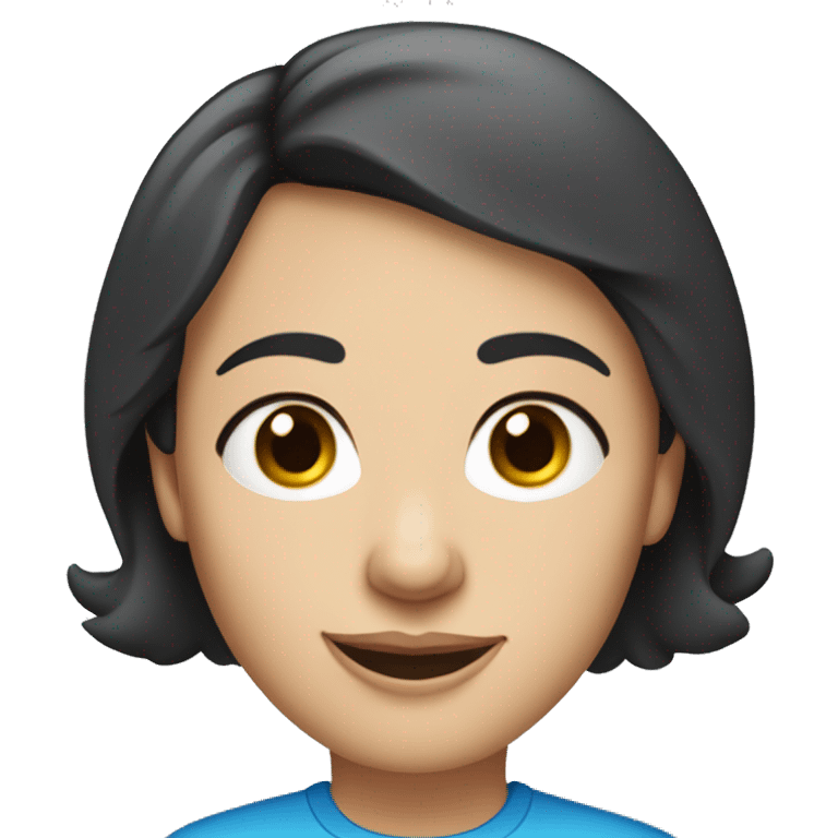 A head and shoulders shot of a 50 year old caucasian woman with short black hair, blue eyes wearing a tshirt. emoji