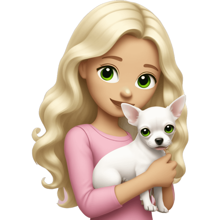 pale blond girl with wavy long platinum hair with green eyes holding a white chihuahua puppy that wearing a pink bow emoji