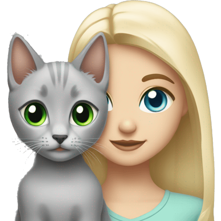 blue eyes grey kitten and green eyes blonde girl are friends emoji