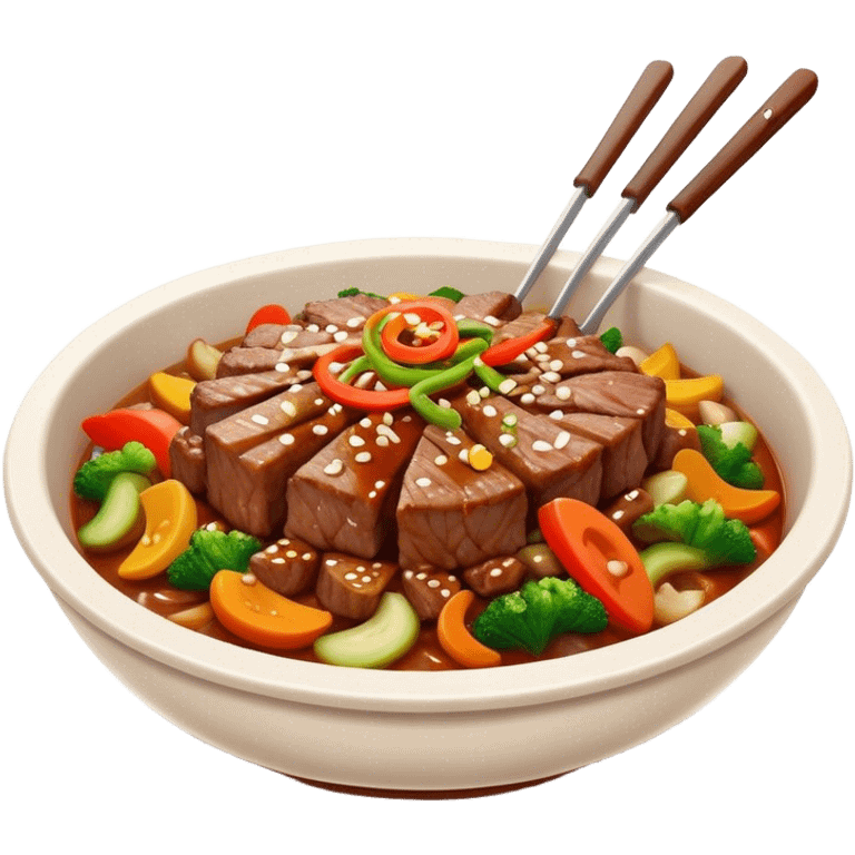 Cinematic Realistic Bulgogi Dish Emoji, featuring tender, marinated beef stir-fried with vegetables rendered with dynamic textures and mouth-watering lighting. emoji