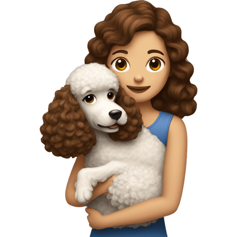 A girl with brown hair hugs a dog of that poodle breed emoji