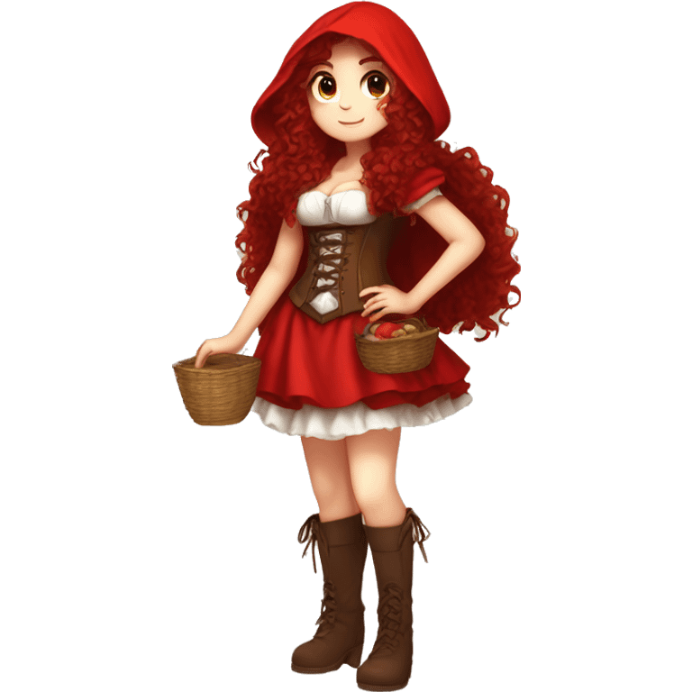 Little Red Riding Hood long curly red hair, brown corset and dress full body pose non-chibi emoji