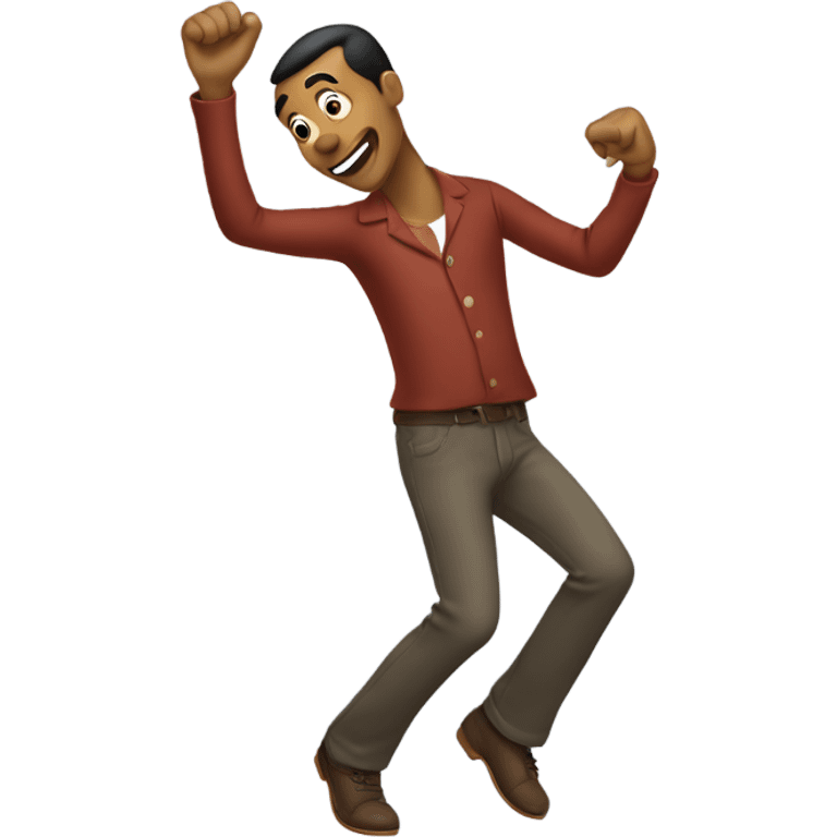 A goofy man dancing. One arm is bent upwards and the other down.  emoji