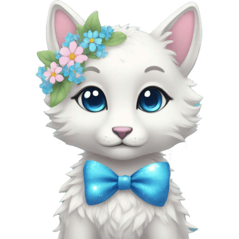 Anthro Cute Cool Kawaii gorgeous sparkly ethereal fantasy animal creature with blue eyes furry sona with flowers and bow tie beautiful aesthetic emoji