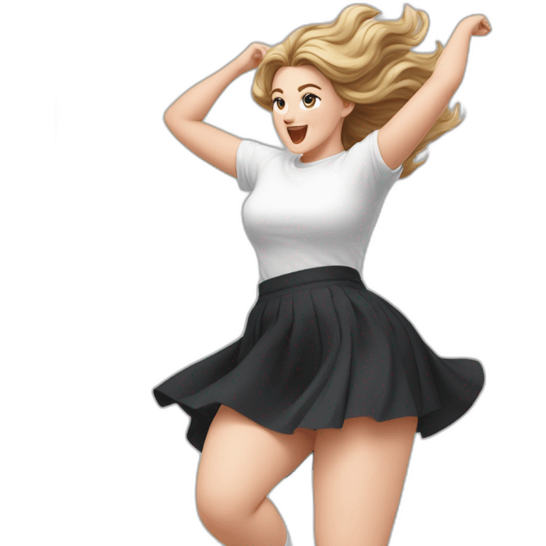 full body caucasian curvy beauty jumping short black skirt back and front views strong wind white knickers long white socks emoji