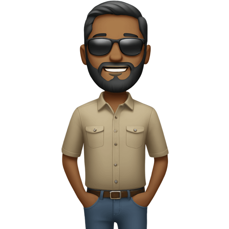 bearded man outdoors in collared-shirt, remove sunglasses. emoji