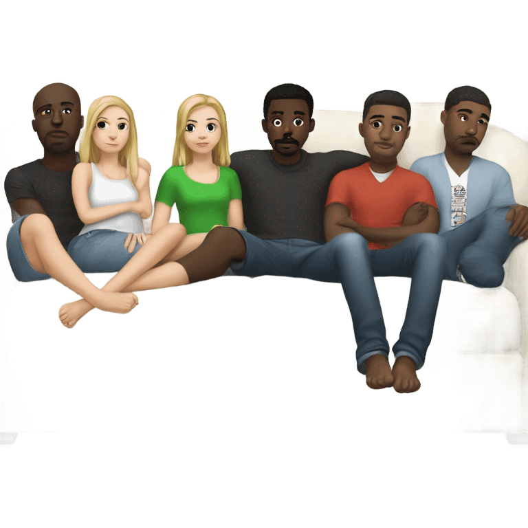 White girl on couch surrounded by her black male friends ￼ emoji