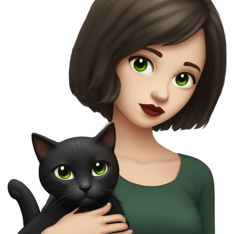 A teenage girl with white skin, she have some green hazel eyes, red lipstick, mid long straight dark brown hair, she have an eyeliner and she is holding a black cat in her arms, view from close emoji