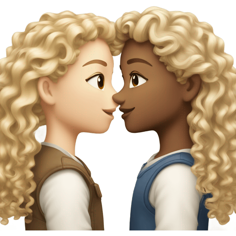 Two girls kissing one curly light blonde hair very curly the other dark blonde hair and emoji