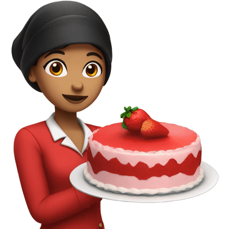 a girl black hair with red outfit and red baret bring strawberry cake emoji