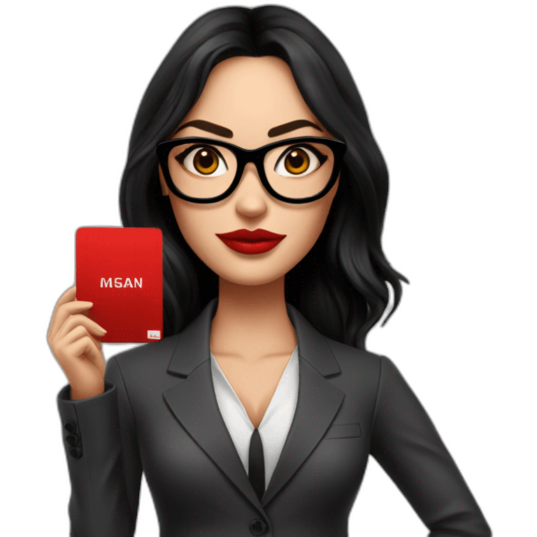 megan fox in a suit with big black glasses, showing a red card, realistic emoji