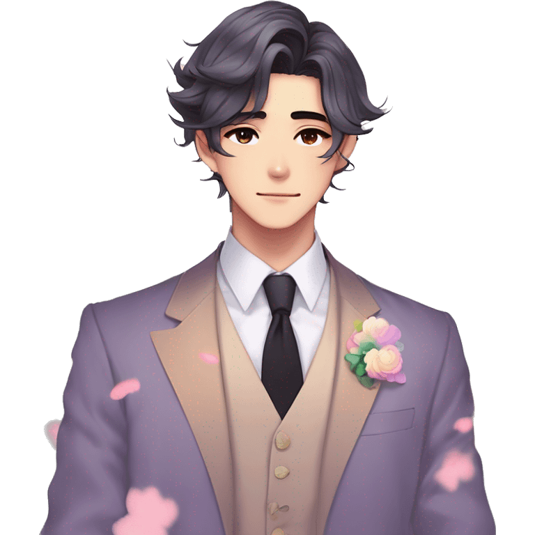 Gorgeous romantic sexy anime style Asian formal modern gentlemanly guy with pretty hair and flower petals and blushing face aesthetic trending style with colorful gradient colors  pastelcore cottagecore kawaiicore emoji