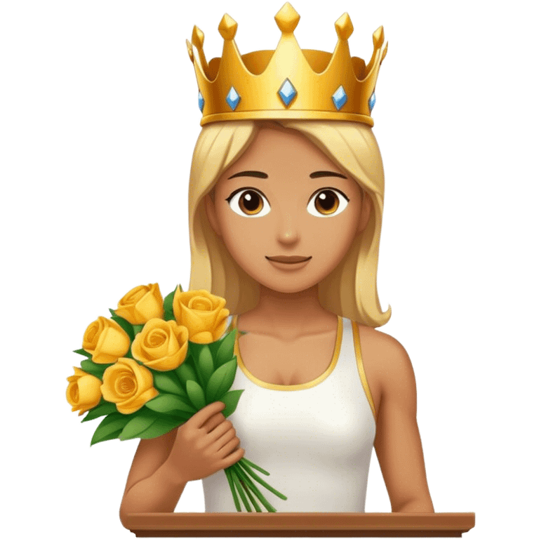 A female athlete wearing a golden crown stands on the podium, holding a bouquet of flowers.

 emoji