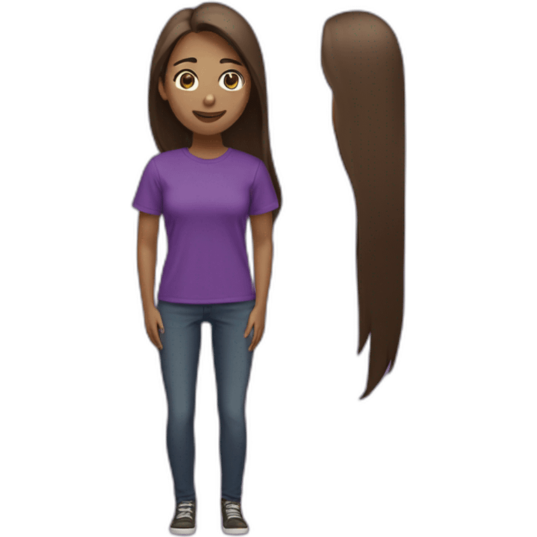 women,brown long hair,using purple tshirt, with a cartel hello emoji