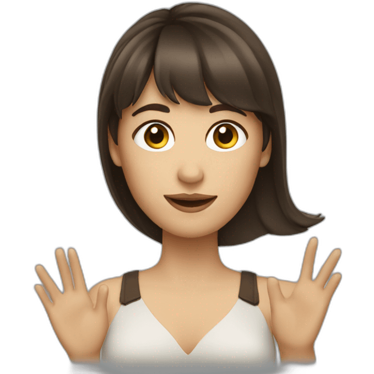 brunette woman with bangs waving emoji