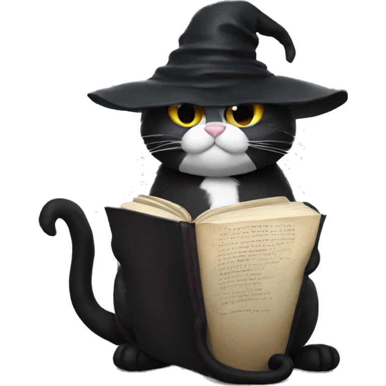 A black cat wearing a black wizard hat reading a book emoji