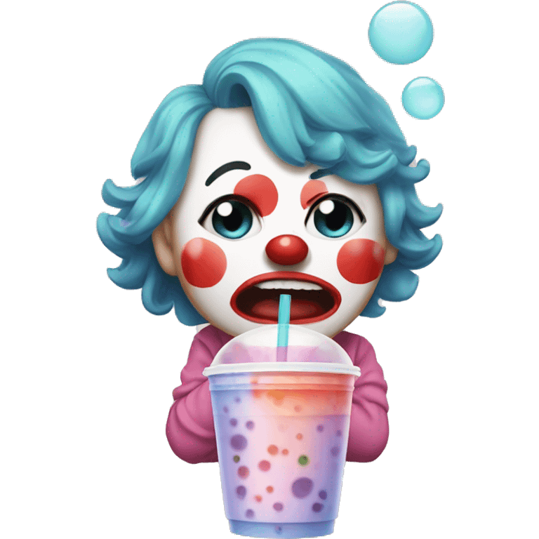 a clown drinking bubble tea while crying emoji