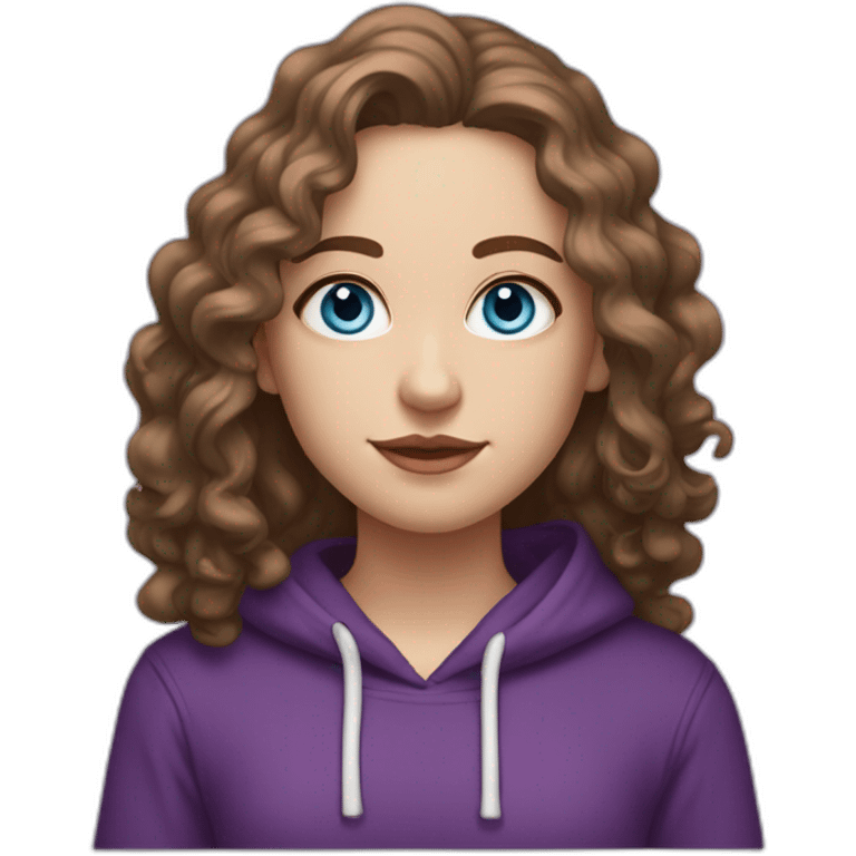 Full length girl with blue eyes and white skin and long curly brown hair with high aristocratic cheekbones in a purple hoodie emoji