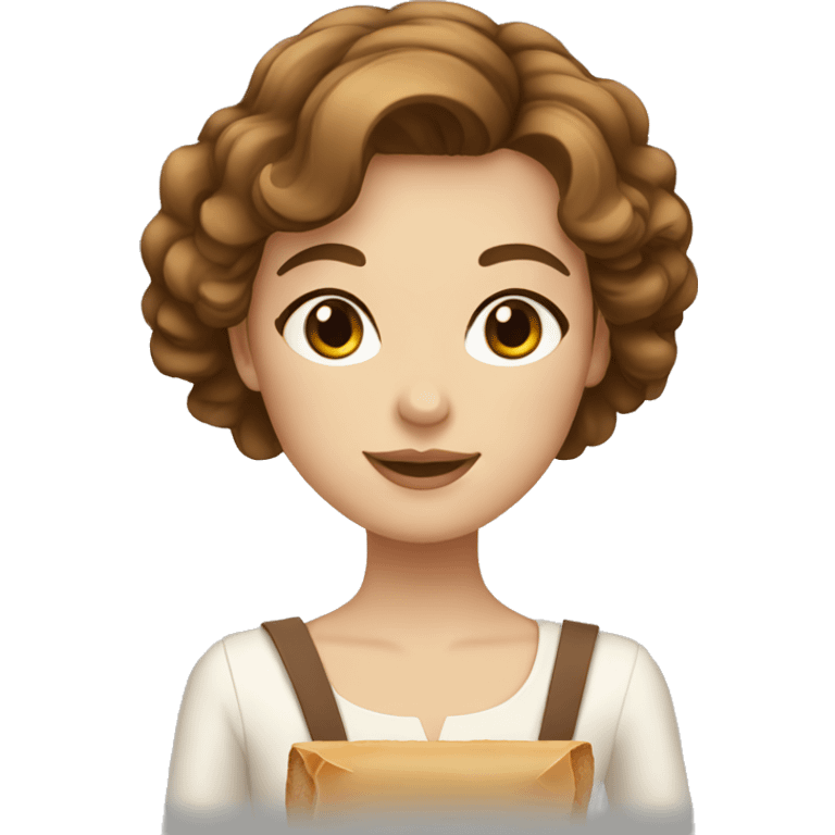 a french girl, with brown mid-length wavy cut hair, brown eyes, holding a baguette emoji