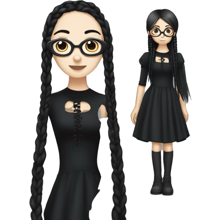 An emoji of a girl with long black braids, round glasses, and a gothic dress, standing next to her mother dressed in the same gothic style emoji