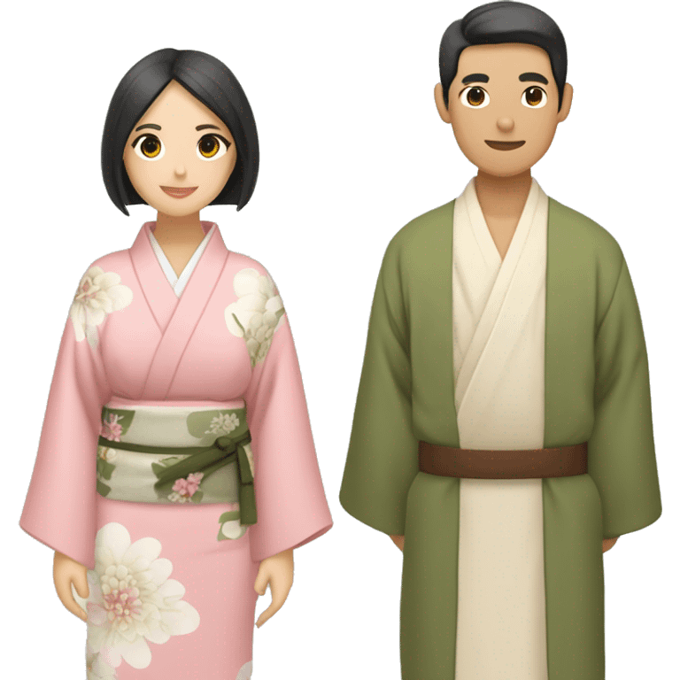 asian couple in kimono - man wearing kimono with olive green inside and brown outside and beige fabric belt, woman wearing light pink kimono with pastel florals of different colors emoji