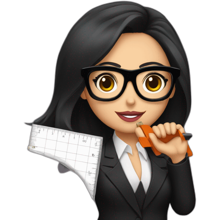 megan fox, wearing big black glasses and black suit, holding a ruler emoji