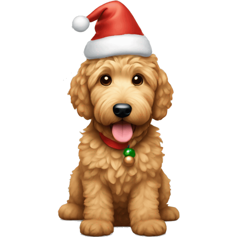 Golden doodle wearing christmas hat emoji