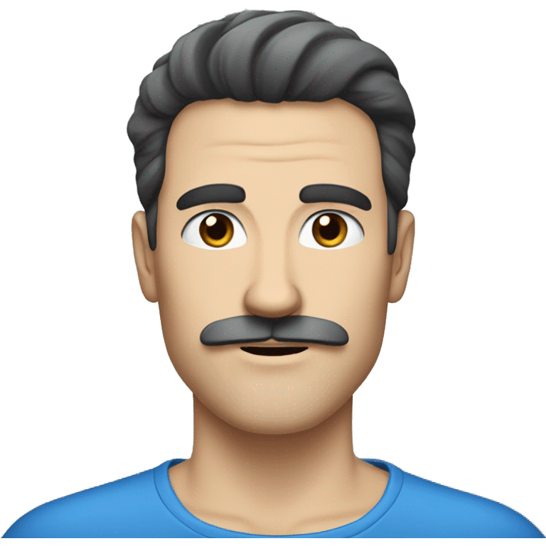 A white man, with black hairs, rectangular mustache (black colored), with blue eyes emoji