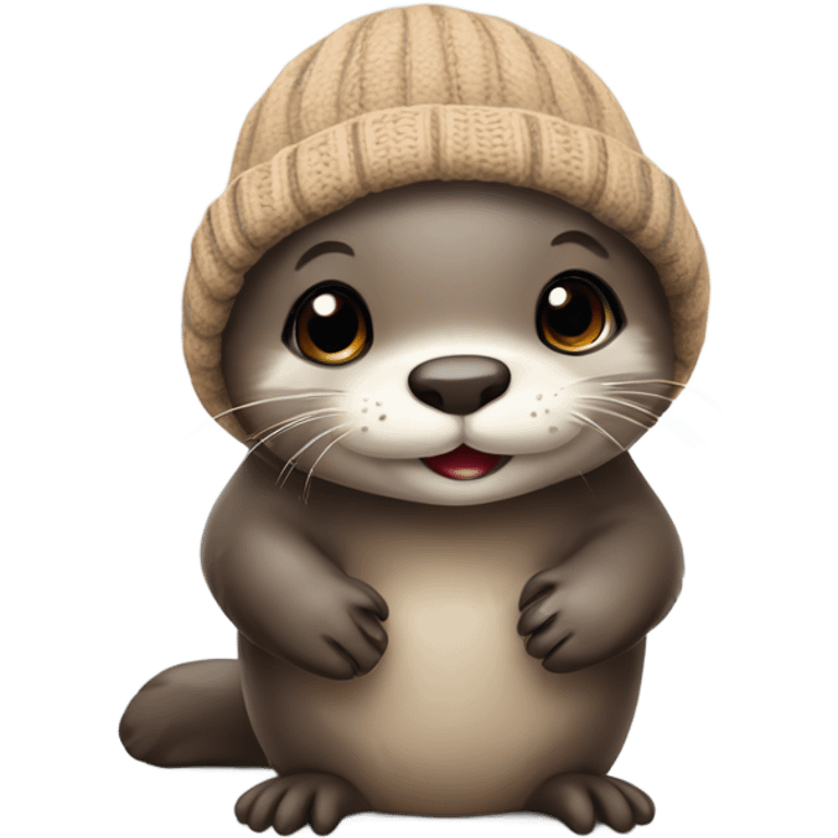 Cute baby otter. Wearing mittens and winter hat.  emoji