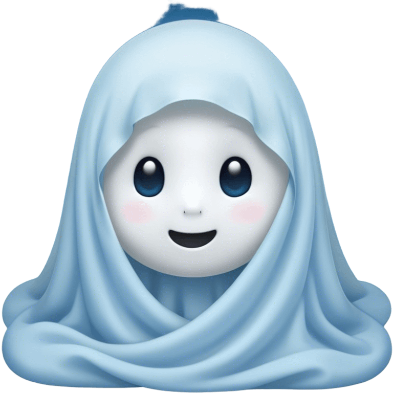 An adorable, peacefully floating sheet-like ghost in gentle pastel whites and blues, its soft, rounded form loosely draped, head resting with closed, serene sparkling eyes and a tiny, contented smile, simplified yet irresistibly charming, highly detailed, with a soft glowing outline that captures the essence of a sleepy, endearing spirit wrapped in cozy slumber! emoji