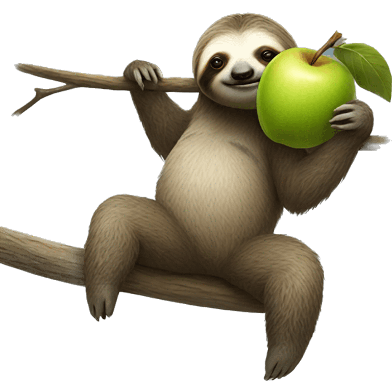 realistic full body sloth hanging from branch and holding an apple emoji