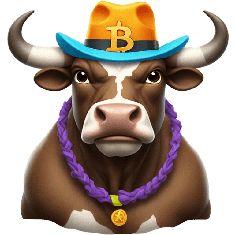 Bull ready to charge wearing bitcoin hat emoji