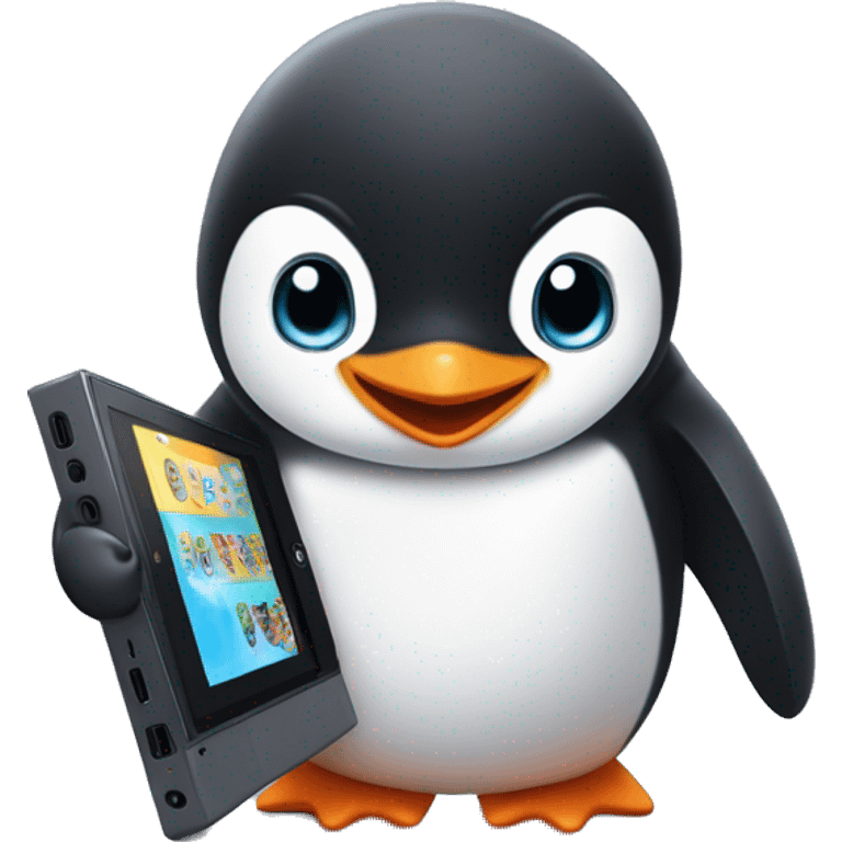 Cute baby penguin playing with a Nintendo switch  emoji