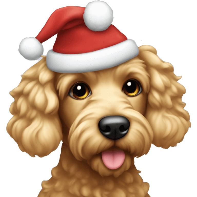 A blonde cockapoo dog with a brown nose and a Christmas hat on   emoji