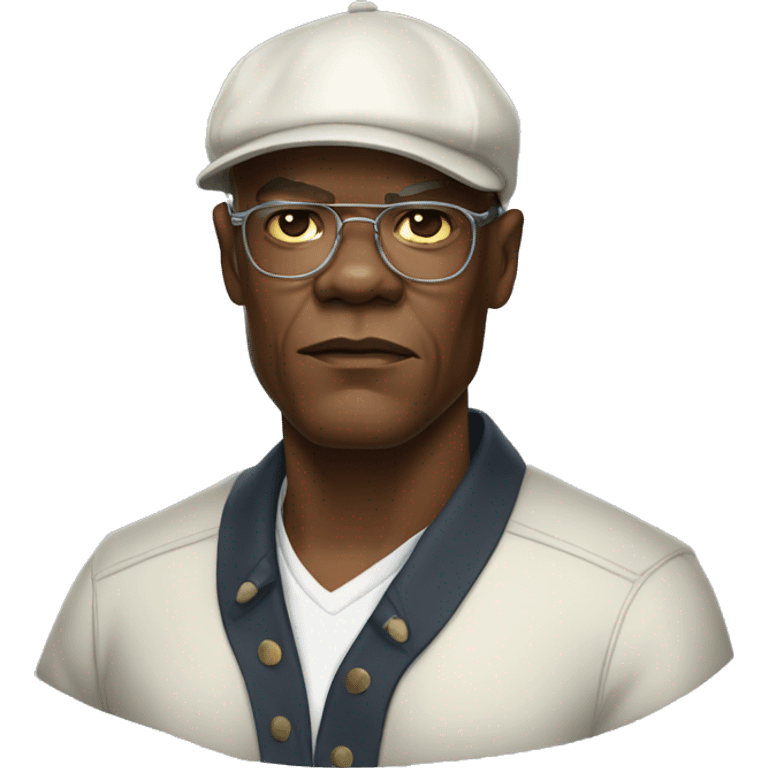 bald samuel l jackson serious wearing shirt and backwards Kangol emoji