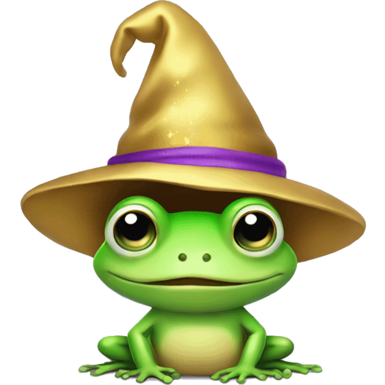 Green cute little frog with purple hat with gold wizard stars on his head emoji