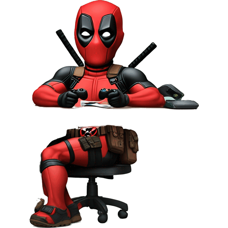 Deadpool holding xbox controller sitting at a desk, front view emoji