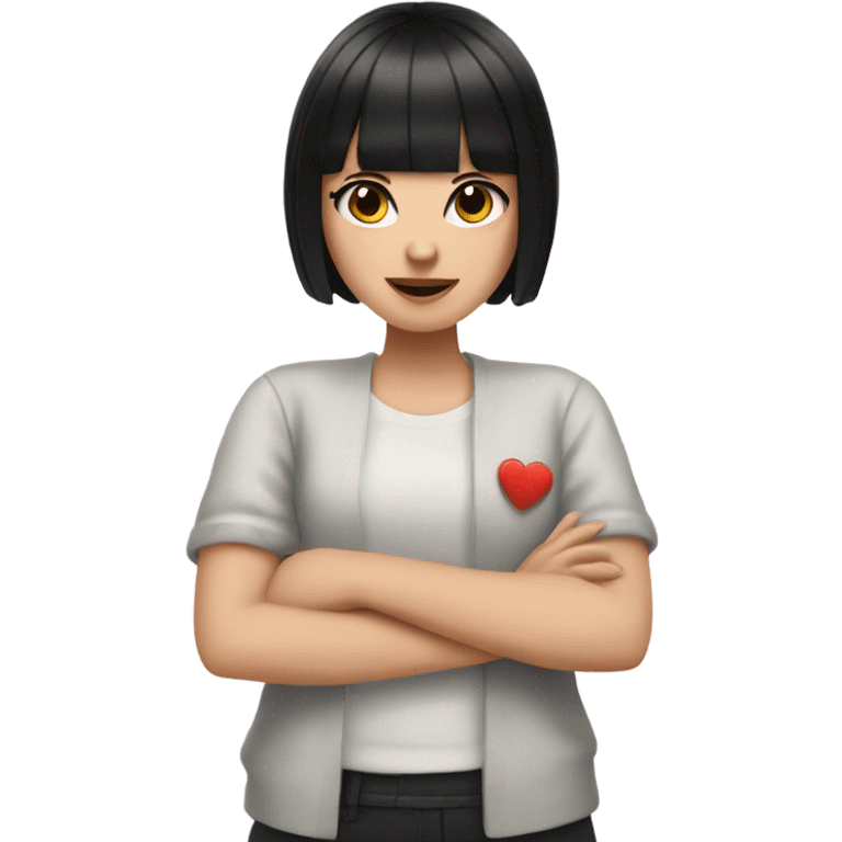 white girl with black hair and bangs holding up heart hands  emoji