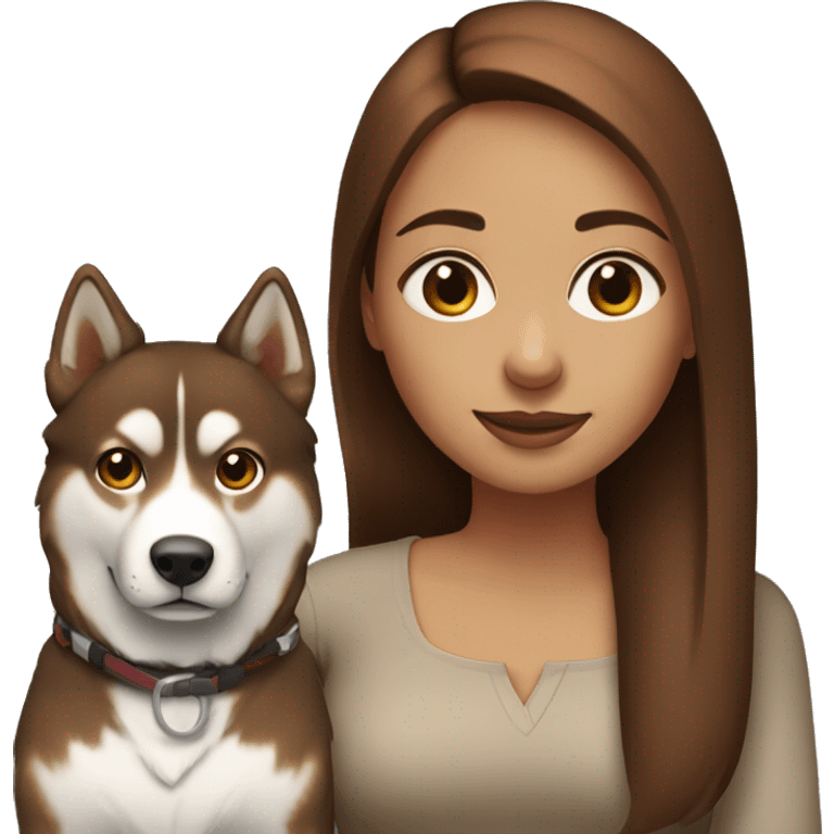 woman with straight brown hair sitting with red husky emoji