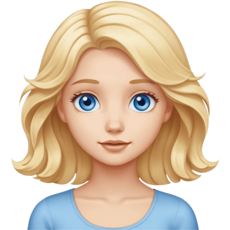 A cute girl with medium-length blond hair and blue eyes waves hello emoji