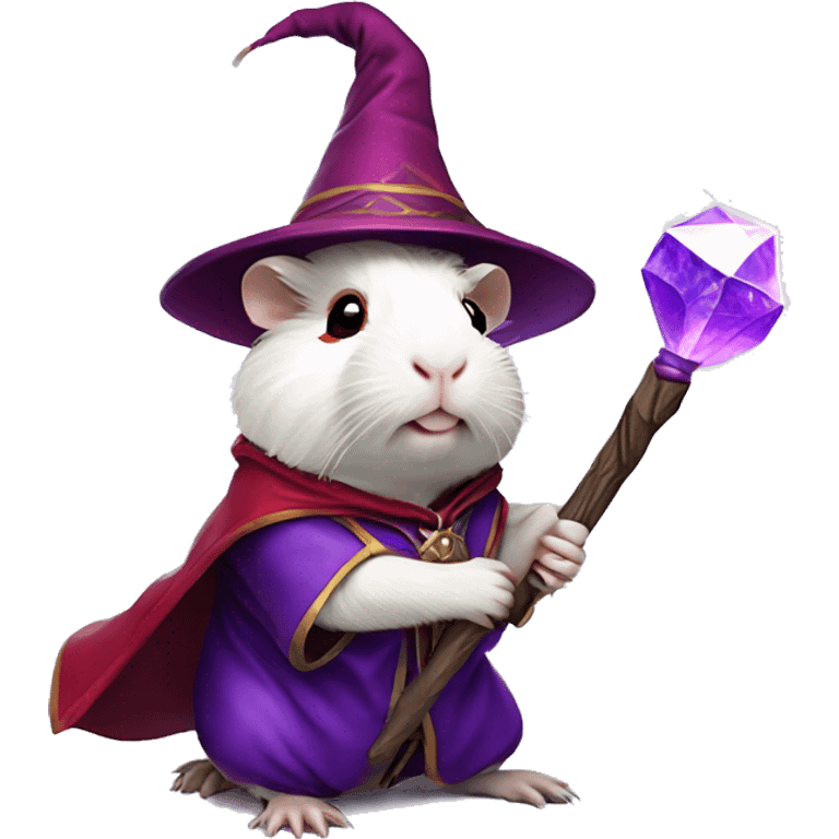 white guinea pig with red eyes wearing purple wizard clothes and holding a magical staff with a magical purpl crystal inside emoji