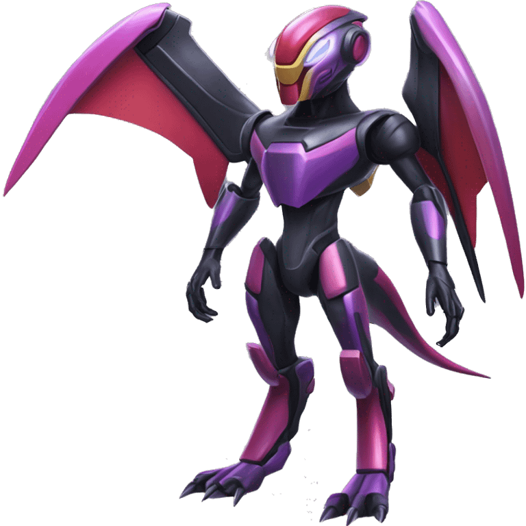 a shiny metallic black-purple-red-yellow Genesect-Flygon-Raptor-Fakémon-Medabot-hybrid with a futuristic visor-helmet full body emoji