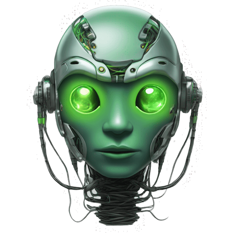 Round Alien cyborg head with glowing wires and green eyes  emoji