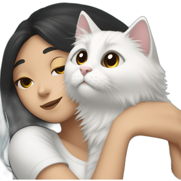 A girl with long dark hair and a white fluffy cat is lying on her left shoulder emoji