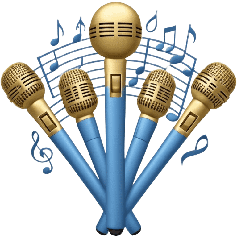 Create a harmonious and elegant emoji that represents choral singing. The design should feature multiple microphones arranged in a semi-circle, symbolizing a choir. Add musical notes flowing around to represent the harmony and unity of the voices. Include subtle elements like sheet music or a conductor's baton to reflect the organized aspect of choral performance. Use colors like gold, silver, and soft blue to evoke a sense of togetherness, professionalism, and grace. The background should be transparent. emoji