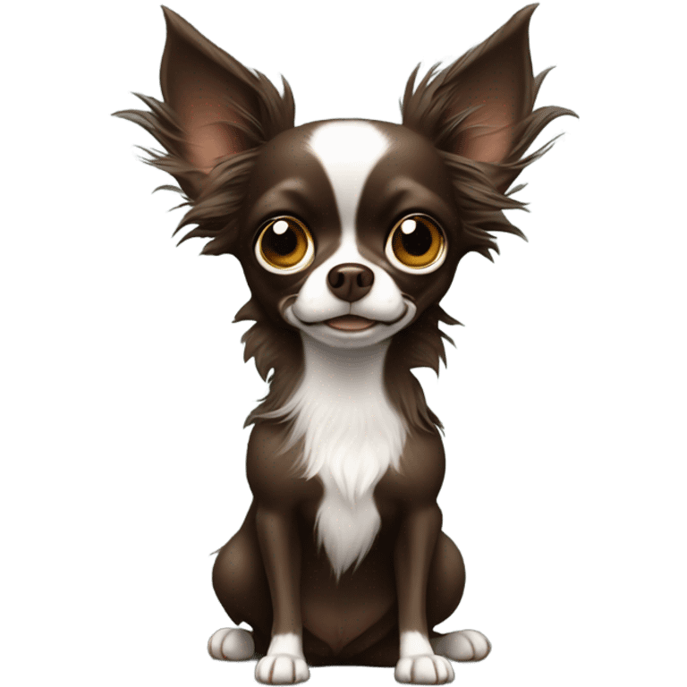 Long haired dark brown chihuahua with white chest with grinch emoji